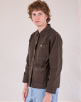 Denim Work Jacket in Espresso Brown side view on Quinn