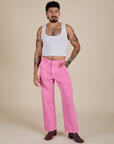 Jesse is 5’8” and wearing S Work Pants in Bubblegum Pink paired with vintage tee white Cropped Tank
