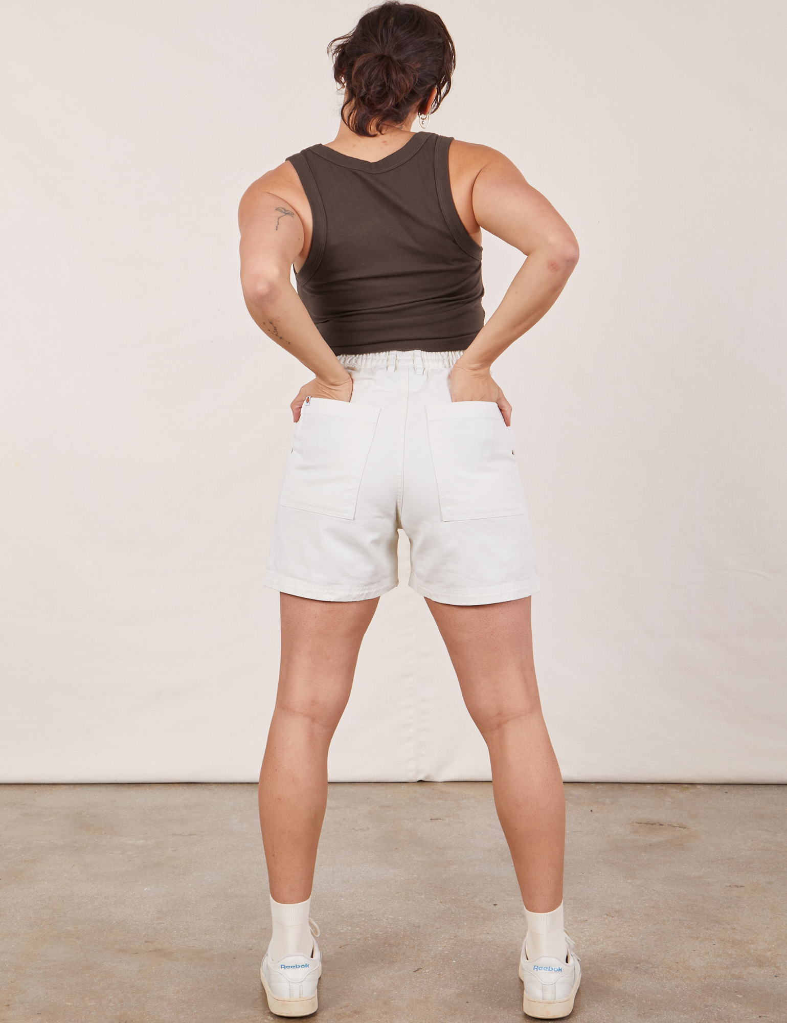 Back view of Classic Work Shorts in Vintage Tee Off-White and espresso brown Cropped Tank Top on Tiara