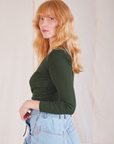 Wrap Top in Swamp Green side view on Margaret