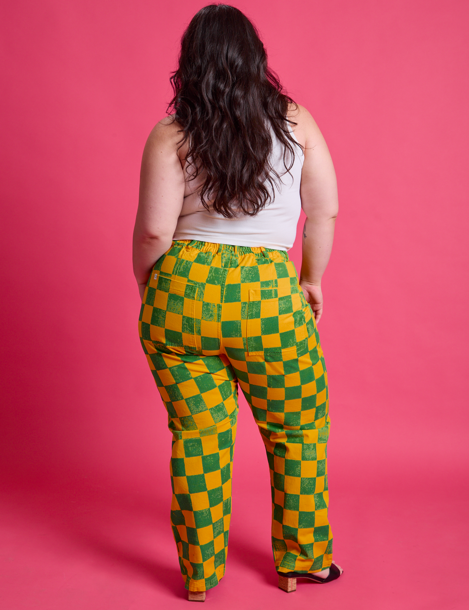 Checkerboard Work Pants in Green/Yellow back view on Ashley
