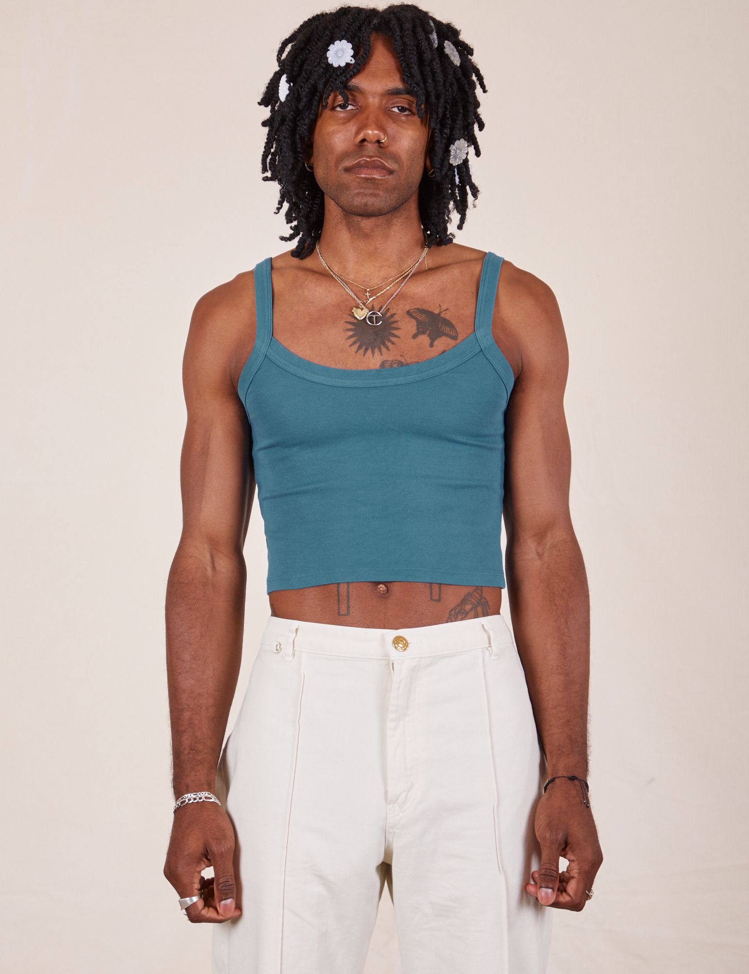 Jerrod is 6&#39;3&quot; and wearing S Cropped Cami in Marine Blue paired with vintage tee off-white Western Pants