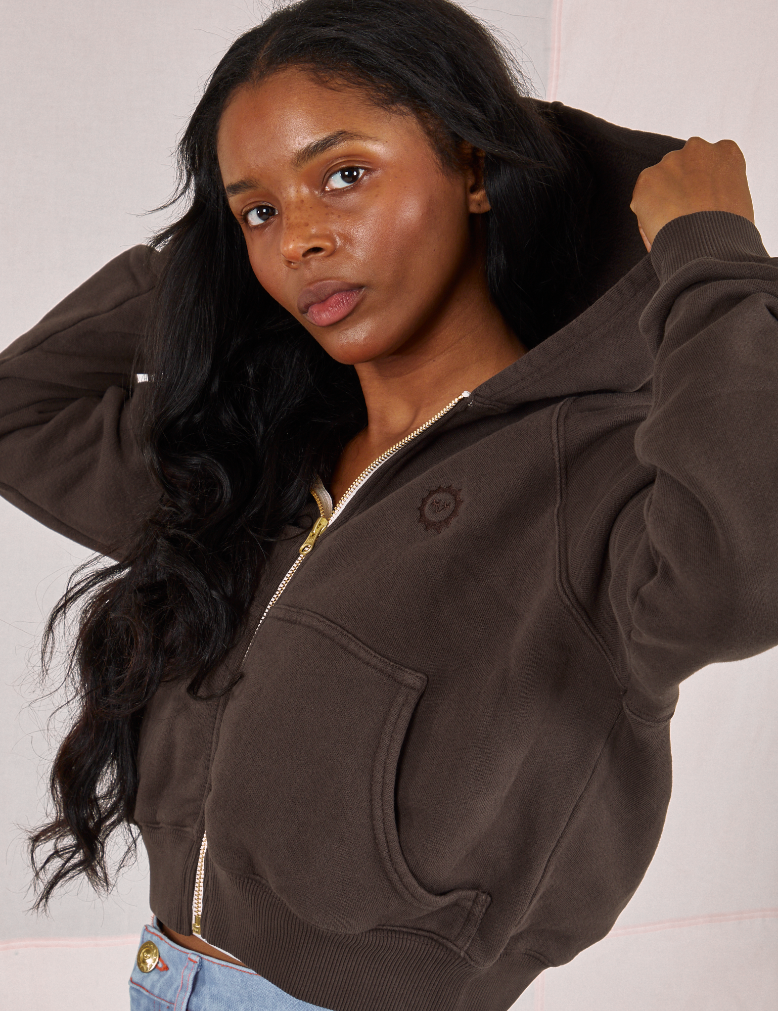 Cropped Zip Hoodie in Espresso Brown angled front view on Kandia