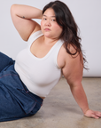 Ashley is wearing Cropped Tank Top in Vintage Tee White