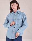 Alex is wearing Denim Overshirt in Light Wash