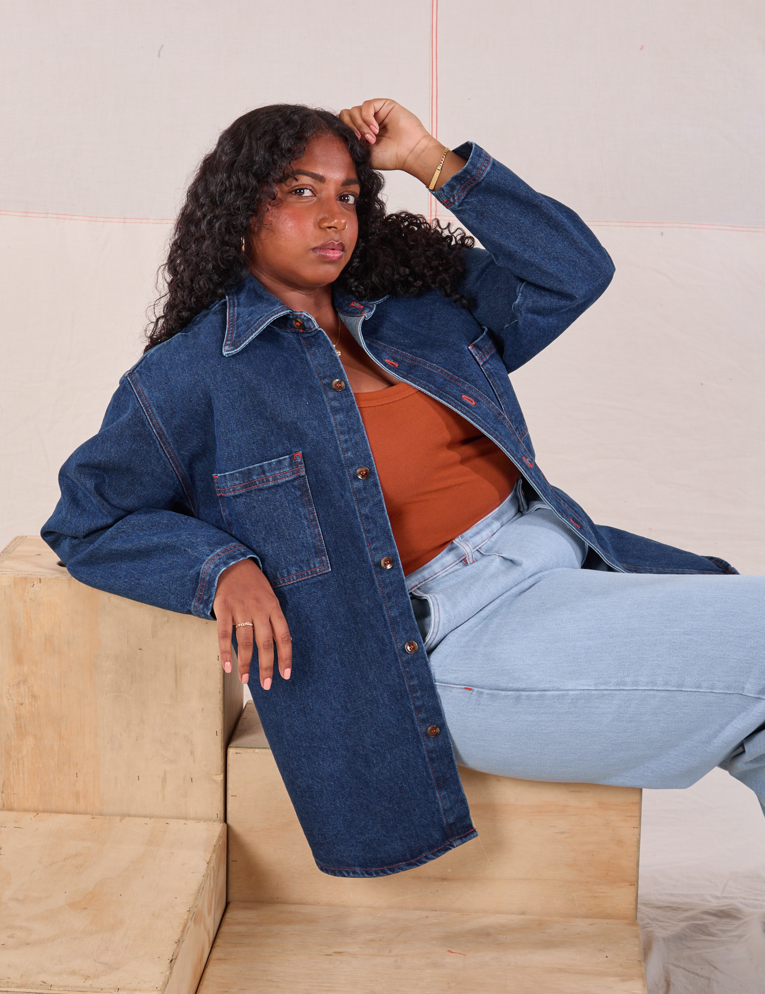 Meghna is wearing Denim Overshirt in Dark Wash