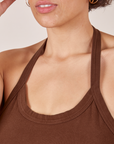 Front close up of Halter Top in Fudgesicle Brown worn by Tiara