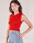 Muscle Tee in Mustang Red angled front view on Alex