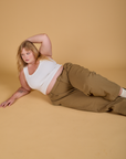 Baggy Mid-Rise Trousers in Desert Brown and vintage tee white Cropped Tank on Juliet