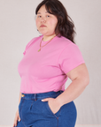 Angled front view of Organic Vintage Tee in Bubblegum Pink tucked into dark wash Trouser Jeans on Ashley