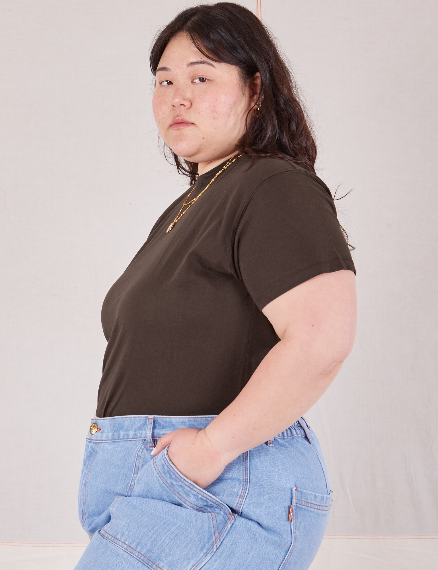 Organic Vintage Tee in Espresso Brown side view on Ashley
