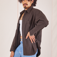 Side view of Oversize Overshirt in Espresso Brown worn by Jesse