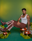Paintstamped Work Pants in Mushroom and Cropped Tank in Vintage Tee White worn by Jesse