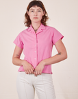 Alex is wearing size P Pantry Button-Up in Bubblegum Pink