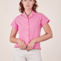 Alex is wearing size P Pantry Button-Up in Bubblegum Pink