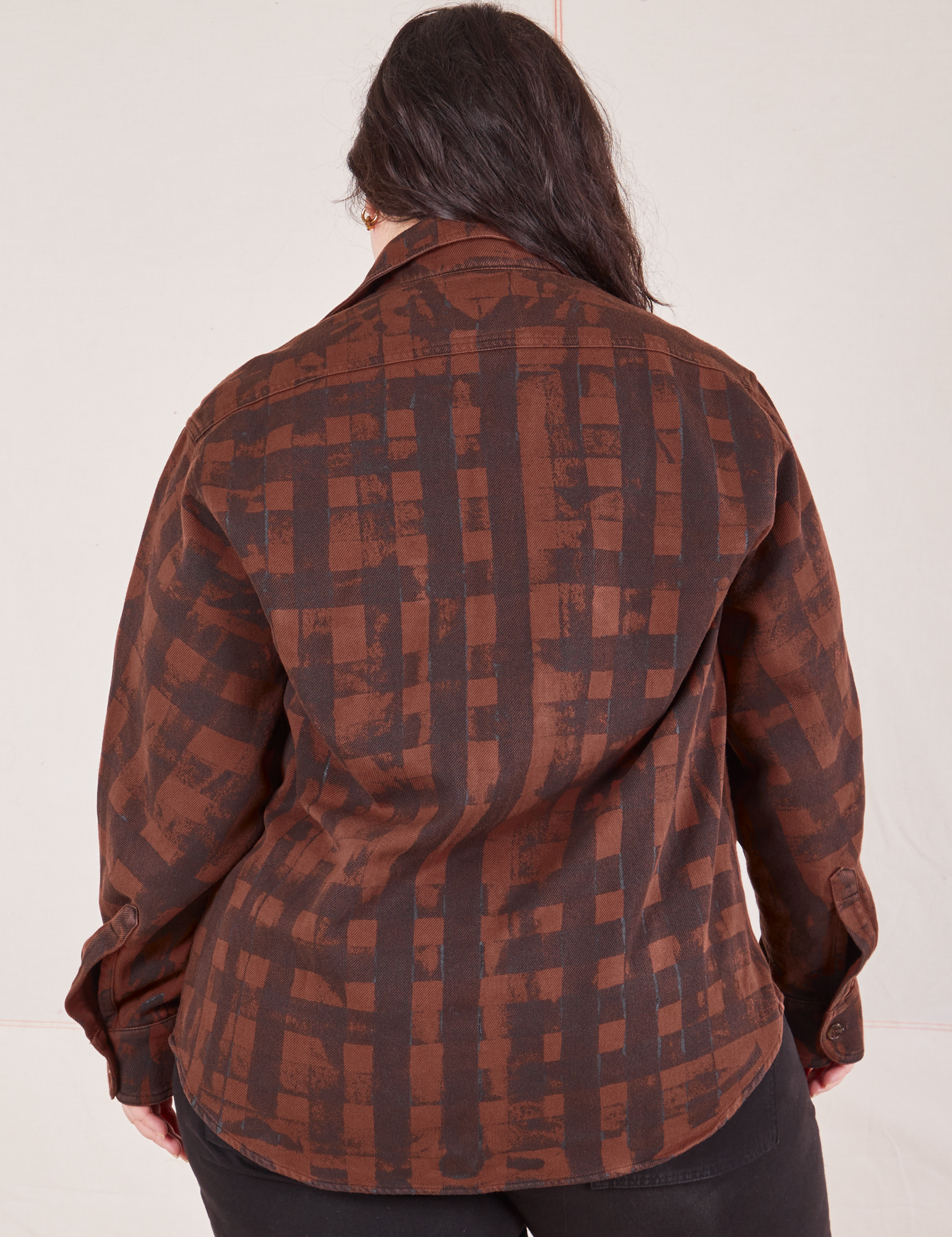 Plaid Flannel Overshirt in Fudgesicle Brown back view on Ashley