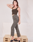 Side view of Railroad Carpenter Jeans in Vintage Tan and espresso brown Square Neck Tank on Alex