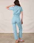 Short Sleeve Jumpsuit in Baby Blue back view on Alex
