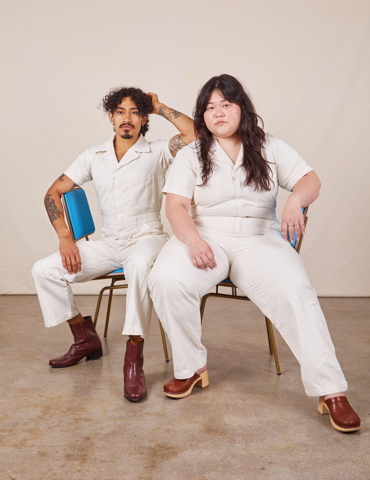 Ashley and Jesse are both wearing Short Sleeve Jumpsuit in Vintage Tee Off-White