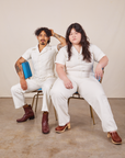 Ashley and Jesse are both wearing Short Sleeve Jumpsuit in Vintage Tee Off-White