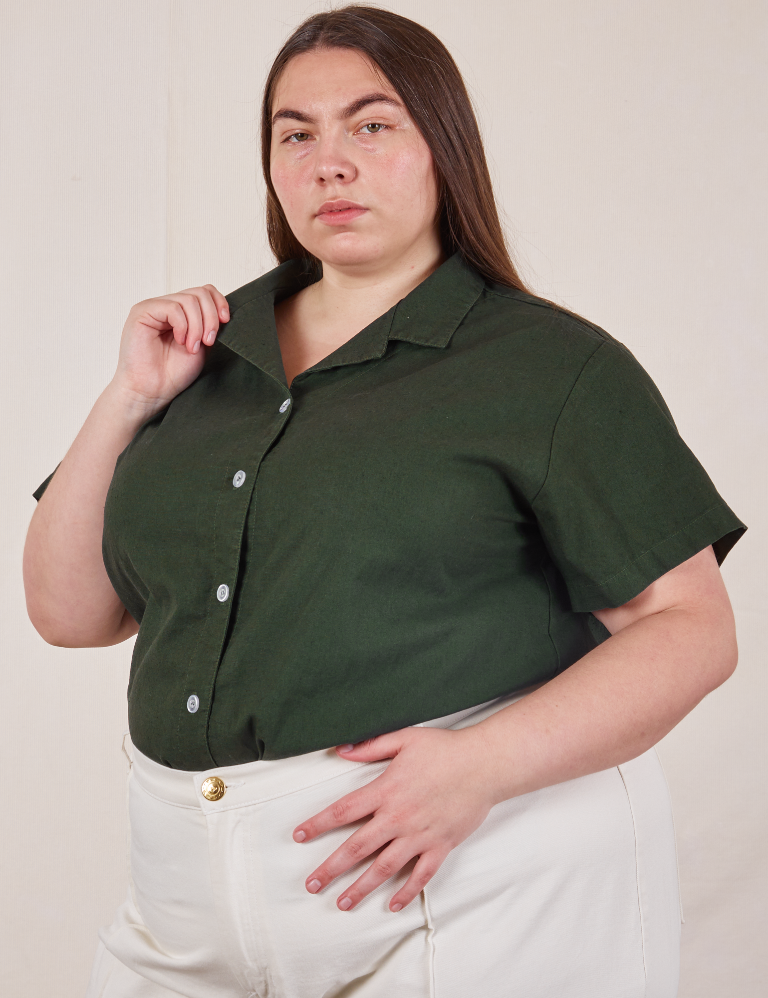 Pantry Button-Up in Swamp Green angled front view on Marielena