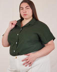 Pantry Button-Up in Swamp Green angled front view on Marielena