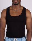 Close up of The Tank Top in Basic Black on Isaac