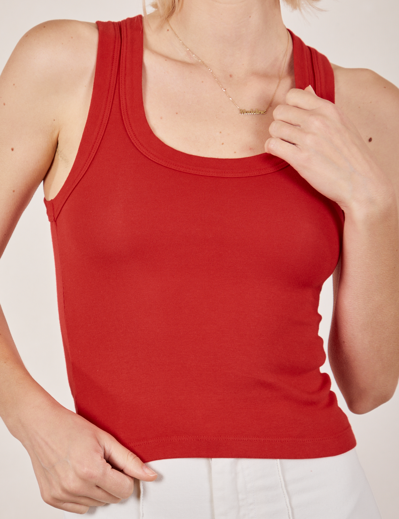 Tank Top in Mustang Red front close up on Madeline