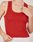 Tank Top in Mustang Red front close up on Madeline