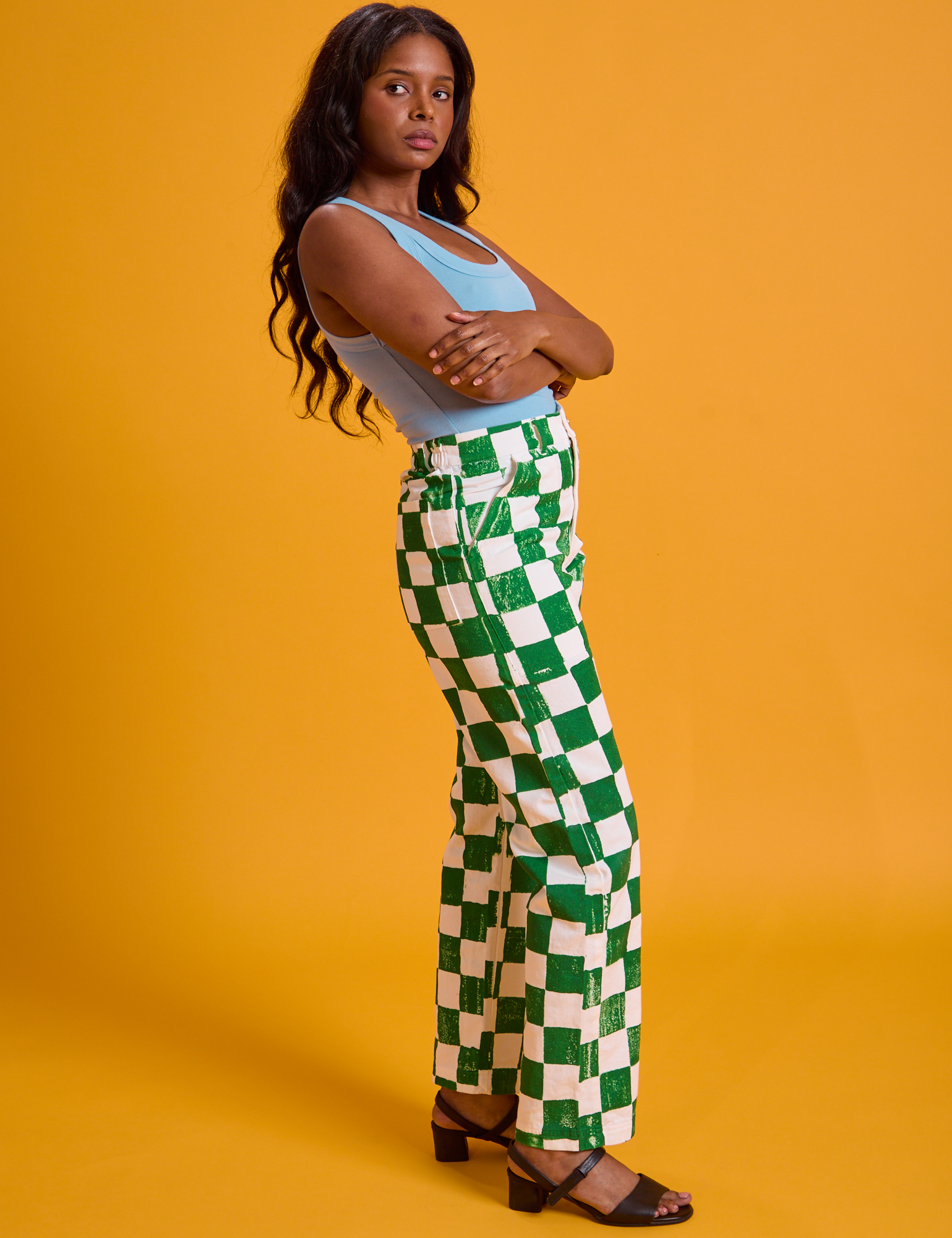 Checkerboard Work Pants in White/Green side view on Kandia