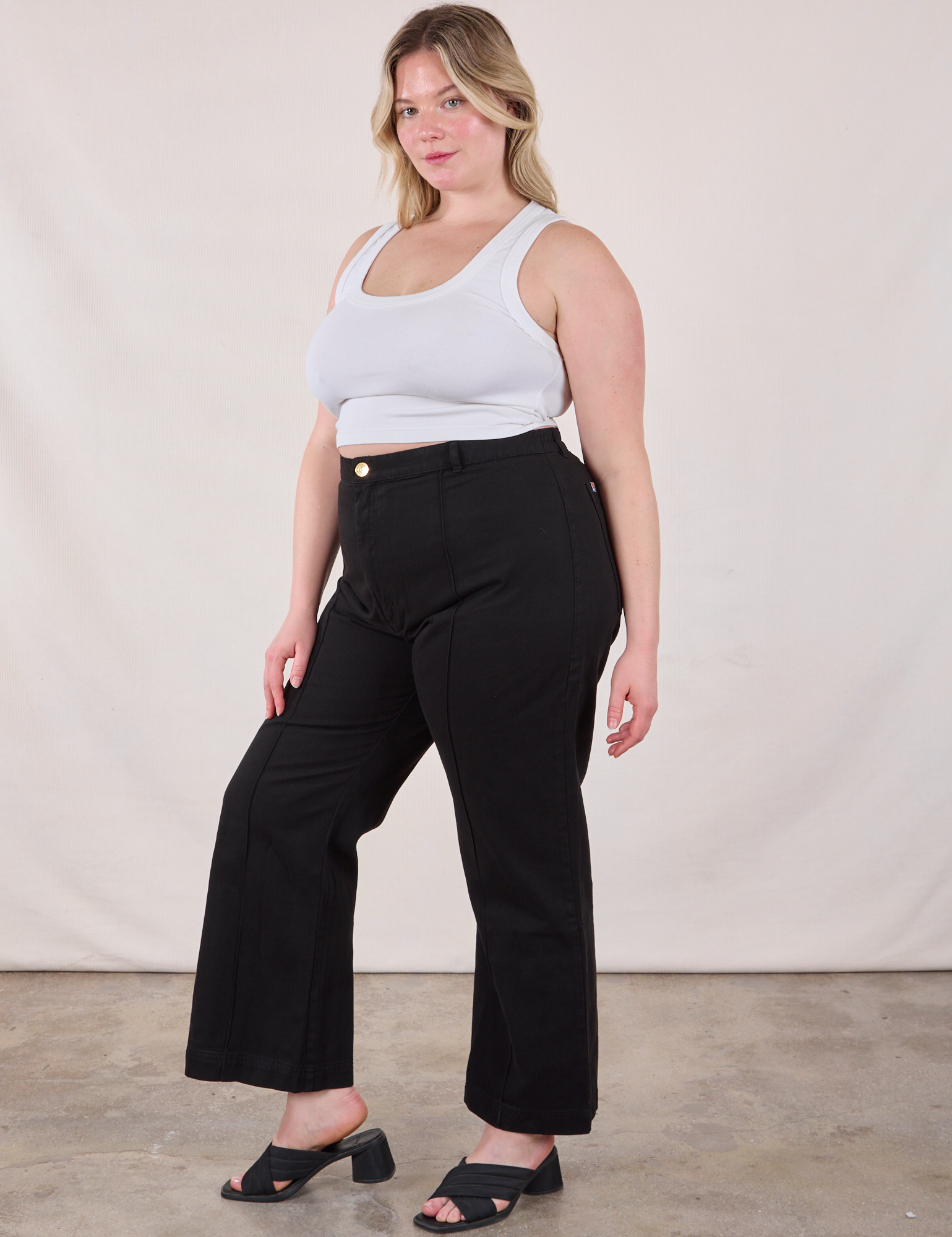 Side view of Western Pants in Basic Black and Cropped Tank in Vintage Tee Off-White on Lish