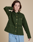 Hana is 5'3" and wearing P Denim Work Jacket in Evergreen