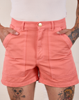 Classic Work Shorts in Flamingo Pink front close up on Jesse