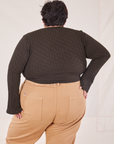 Back view of Bell Sleeve Top in Espresso Brown and tan Work Pants worn by Sam