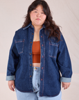 Ashley is 5'7" and wearing L Denim Overshirt in Dark Wash