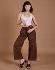 Drop Pocket Cargo Pants in Fudgesicle Brown and Cropped Tank in vintage tee white on Alex
