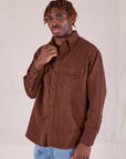 Flannel Overshirt in Fudgesicle Brown angled front view on Isaac