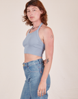 Angled view of Halter Top in Periwinkle worn by Alex