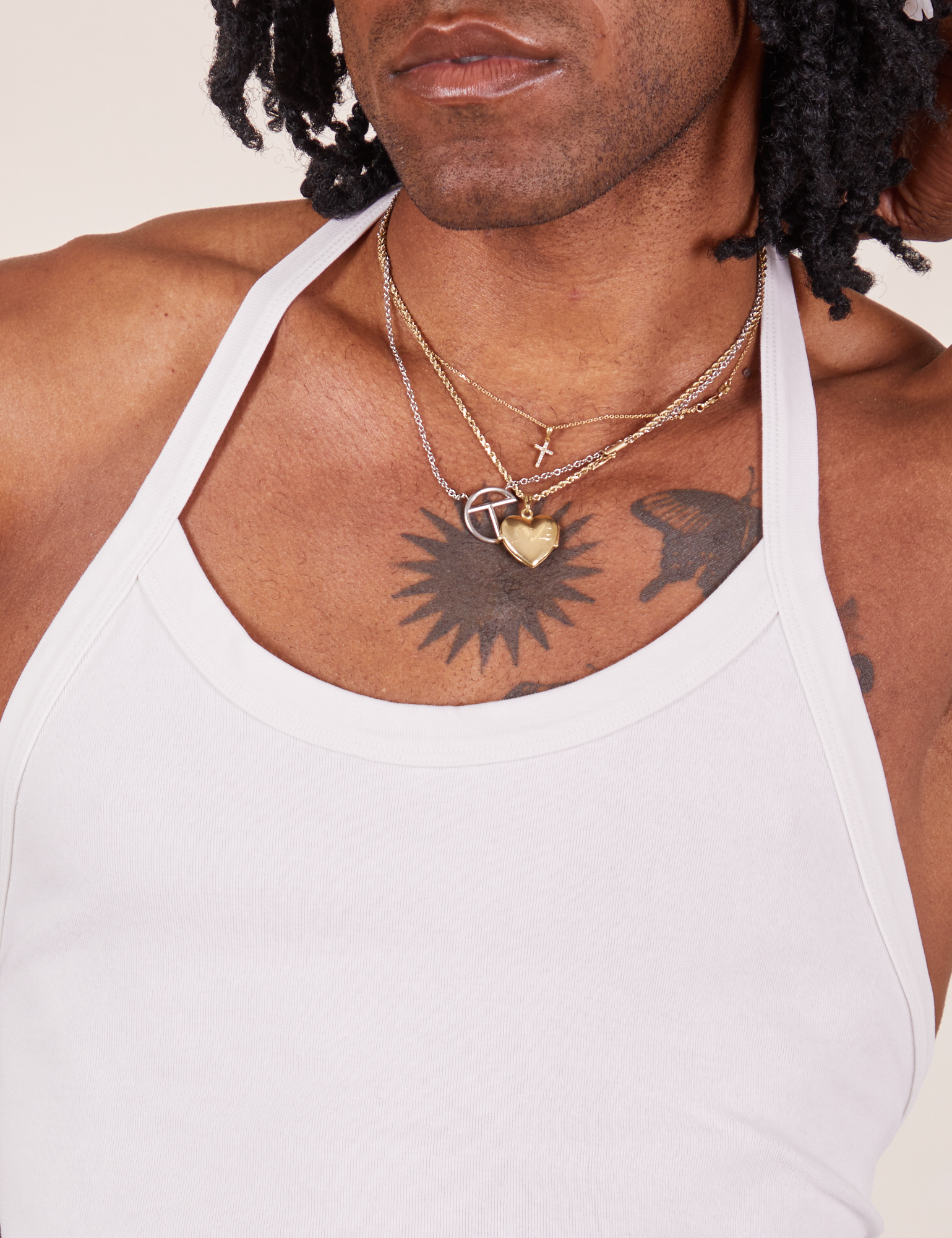 Front close up of Halter Top in Vintage Tee Off-White worn by Jerrod
