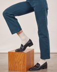 Work Pants in Lagoon pant side view close up on Alex
