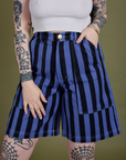 Longline Work Shorts in Cornflower close up on Sydney