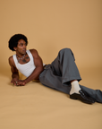 Baggy Mid-Rise Trousers in Slate Grey and vintage tee white Cropped Tank on Jerrod
