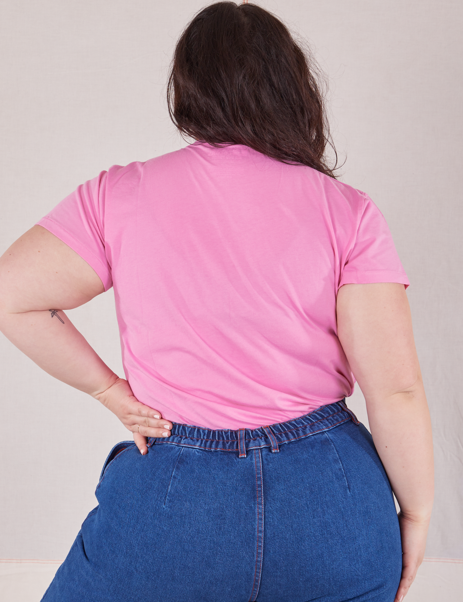 Back view of Organic Vintage Tee in Bubblegum Pink on Ashley
