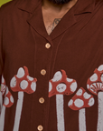 Paintstamped Pantry Button-Up in Mushroom front close up on Jesse