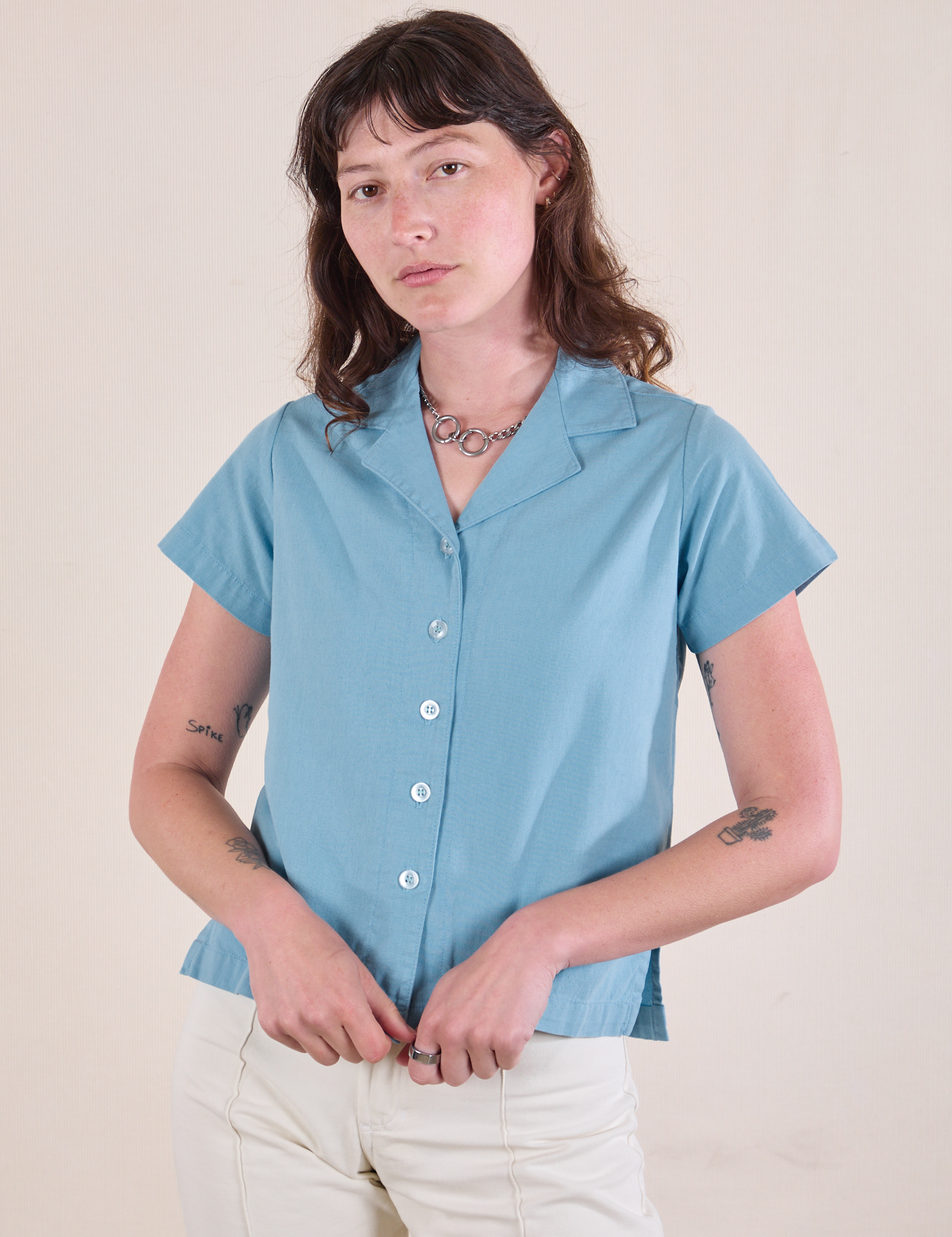 Pantry Button-Up in Baby Blue worn by Alex