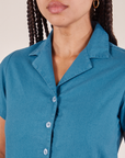 Front close up of Pantry Button-Up in Marine Blue worn by Gabi