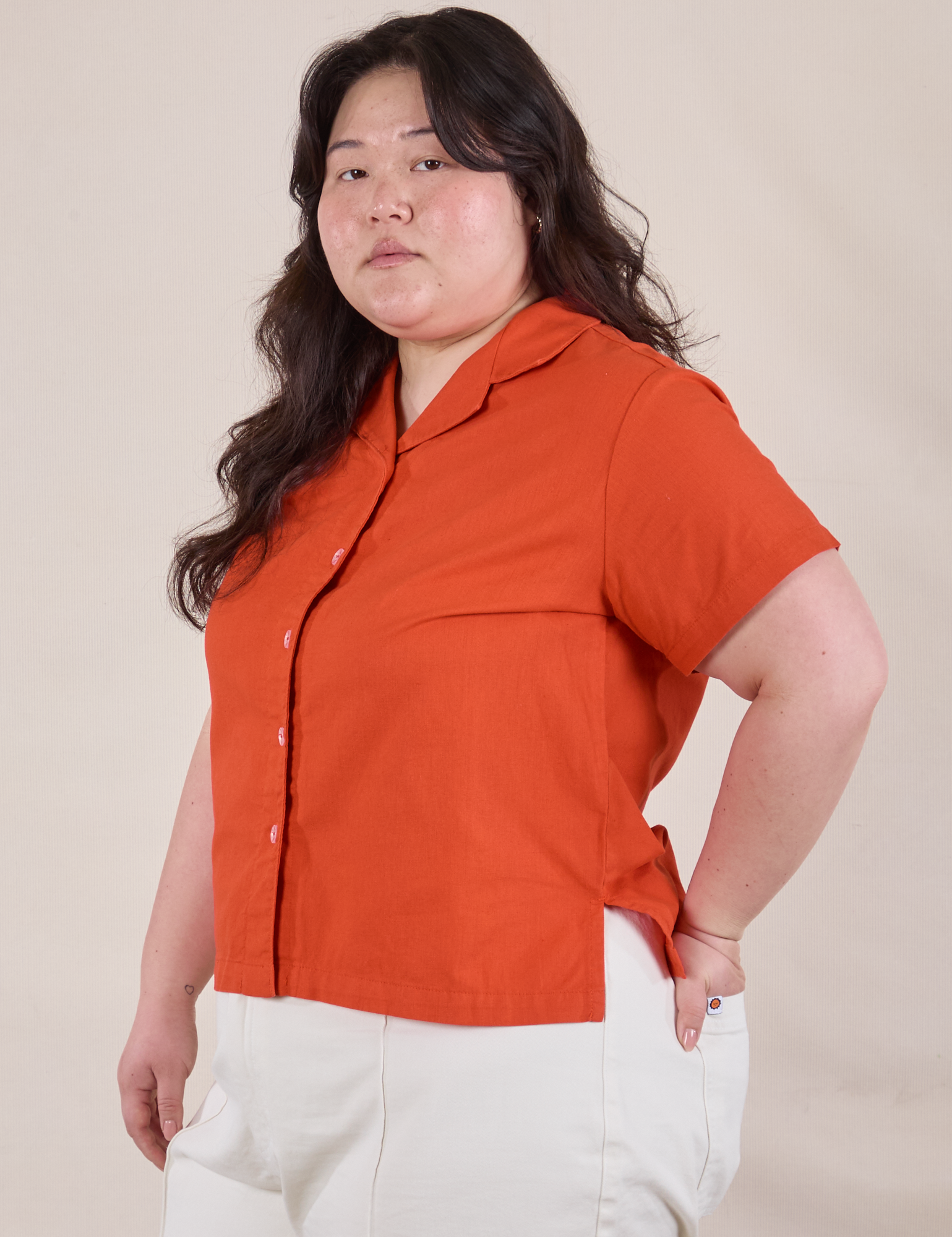 Pantry Button-Up in Chili Red angled front view of Pantry Button-Up in Chili Red on Ashley