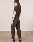 Petite Short Sleeve Jumpsuit in Espresso Brown back view on Hana