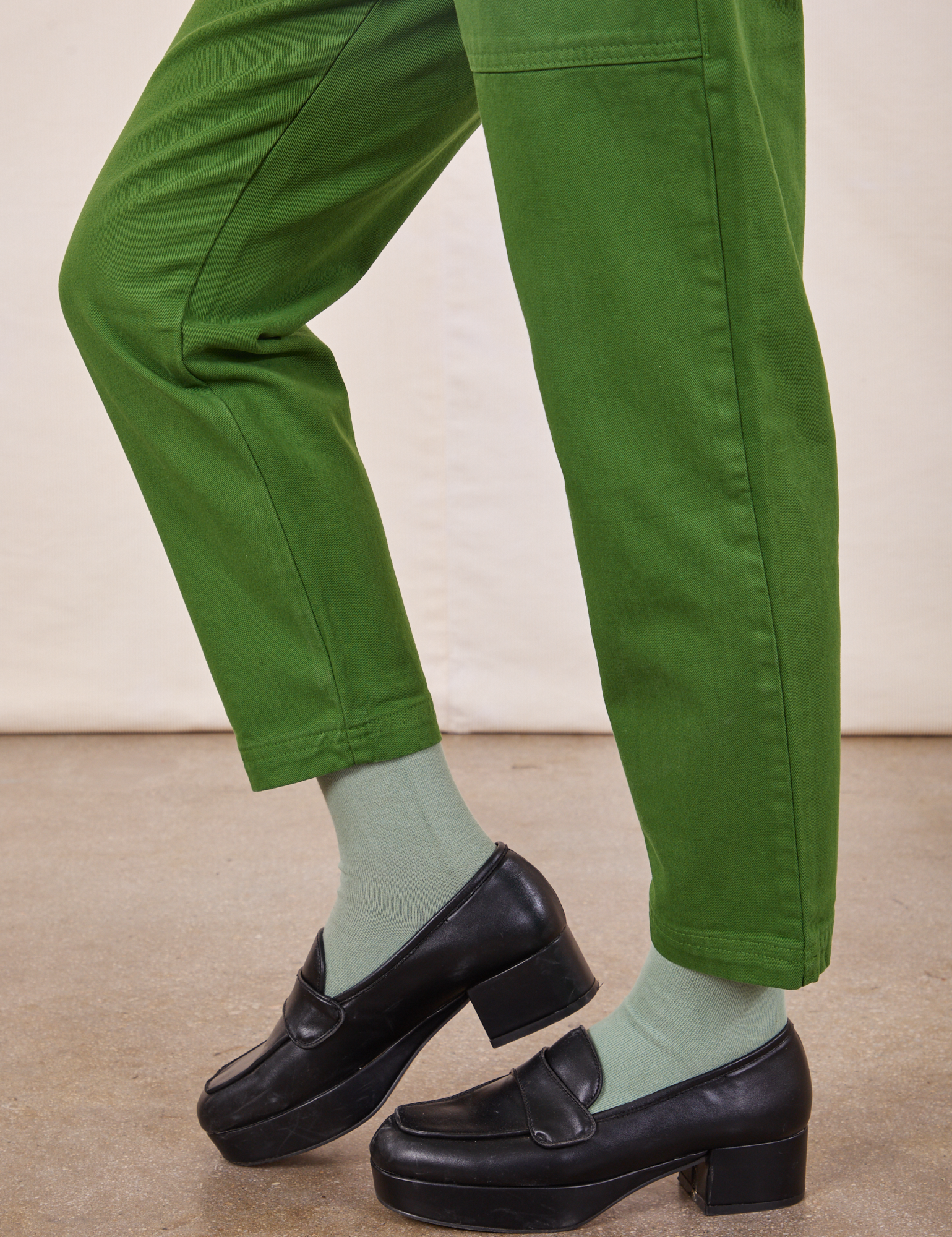 Petite Pencil Pants in Lawn Green pant leg side view close up on Hana