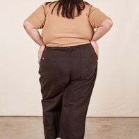 Work Pants in Espresso Brown back view on Sarita wearing tan 1/2 sleeve Turtleneck